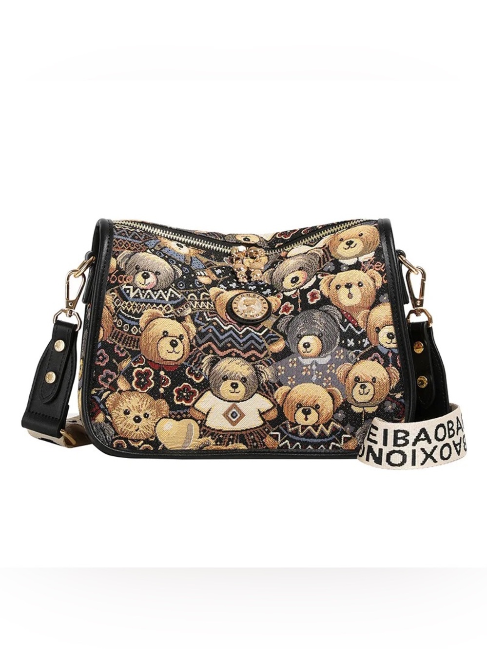 Teddy Pattern Crossbody tapestry Bag - Blackish/bluenavish